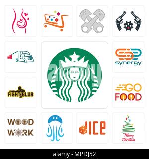 Set di 13 semplici icone modificabile come starbucks, buon Natale, dadi, meduse, oggetti in legno, cibo, fight club, SYNERGY, truck company può essere usato Illustrazione Vettoriale