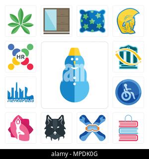 Set di 13 semplici icone modificabili come il pupazzo di neve, book shop, snowboard, faccia Wolf, studio di yoga, disabili, metropoli, bonifico bancario, risorse umane ca Illustrazione Vettoriale