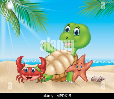 Cartoon animali marini rilassarsi sulla spiaggia Illustrazione Vettoriale