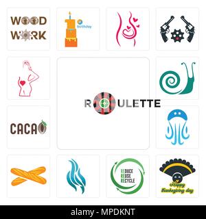 Set di 13 semplici icone modificabile come la roulette, ringraziamento, uce riutilizzare riciclare, fiamma, baguette, meduse, , le lumache, maternità può essere usata per mob Illustrazione Vettoriale