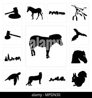 Set di 13 semplici icone modificabile come contorno di zebra, su sfondo bianco di uno scoiattolo louisiana di sfondo può essere utilizzato per il mobile, l'interfaccia utente web Illustrazione Vettoriale