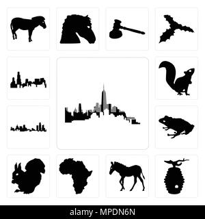 Set di 13 semplici icone modificabile come contorno di manhattan su sfondo bianco, beehive zebra sfondo può essere utilizzato per il mobile, l'interfaccia utente web Illustrazione Vettoriale