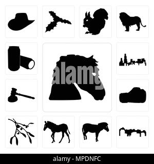 Set di 13 semplici icone modificabile come cavallo di contorno viso su sfondo bianco, Utah, zebra sfondo può essere utilizzato per il mobile, l'interfaccia utente web Illustrazione Vettoriale