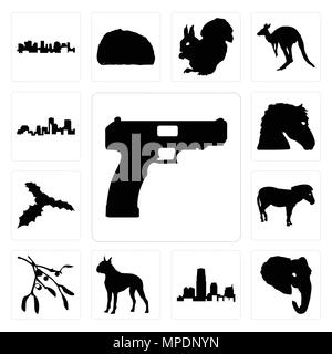 Set di 13 semplici icone modificabile come arma delineano su sfondo bianco, testa di elefante new jersey sfondo può essere utilizzato per il mobile, l'interfaccia utente web Illustrazione Vettoriale