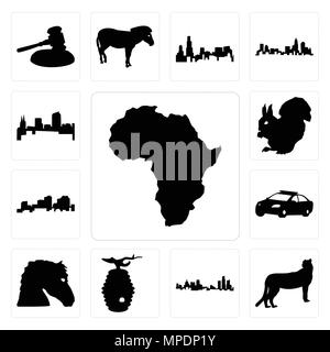 Set di 13 semplici icone modificabili come il continente africano di contorno su sfondo bianco, ghepardo michigan state sfondo può essere utilizzato per il mobile, web U Illustrazione Vettoriale