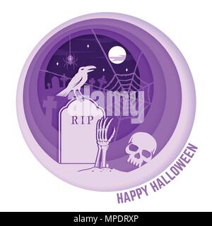 Happy Halloween. La carta tecnica carving design per sovrapposizione di Halloween, etichette, maglietta, logo, stampa tenuta. Raven e lo scheletro di mano sul cimitero. Errore di battitura Illustrazione Vettoriale