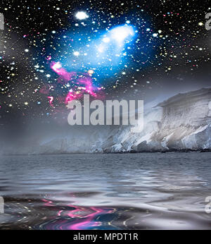 Stella di ghiaccio e fantasia. Stelle cadenti su ghiaccio paese, terra di Snow Queen e bagliore di ghiaccio. La terra ha entrato in Meteor cinghia, Meteor doccia. Elementi del Foto Stock