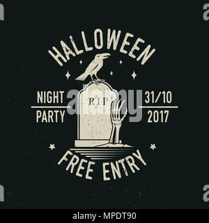 Notte di Halloween party concetto. Vettore di Halloween badge retrò. Sovrapposizione o etichette per una camicia o un logo, stampa, guarnizione, timbro. Raven e lo scheletro della mano sull'c Illustrazione Vettoriale