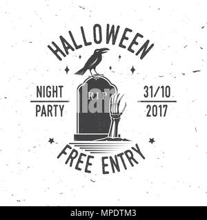 Notte di Halloween party concetto. Vettore di Halloween badge retrò. Sovrapposizione o etichette per una camicia o un logo, stampa, guarnizione, timbro. Raven e lo scheletro della mano sull'c Illustrazione Vettoriale