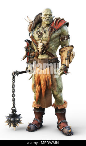 Savage Orc Brute warrior indossando il tradizionale armor. A tema fantasy carattere isolato su un fondo bianco. Il rendering 3D Foto Stock