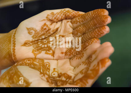 Un primo piano di una donna di mano con mehndi design applicata da un artista henné a Shilparamam Arts & Crafts village, Hyderabad, India. Arte n' diversità. Foto Stock