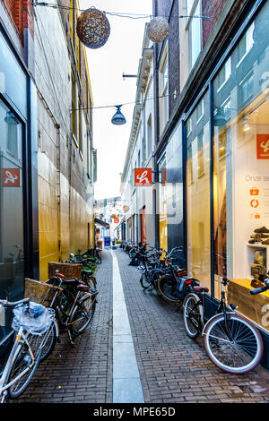 Uno dei molti tipici olandesi le strade dello shopping nel famoso centro storico della città di Zwolle, nei Paesi Bassi. Foto Stock