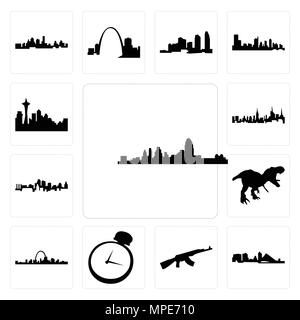 Set di 13 semplici icone modificabile come lo skyline di Cincinnati, Wisconsin, ak47, orologio da tasca, st louis t rex, kansas city lo skyline di New York può essere usata per mob Illustrazione Vettoriale