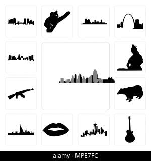 Set di 13 semplici icone modificabile come lo skyline di Cincinnati, immagine les Paul, Seattle skyline, su sfondo bianco , labbra, dubai badger, ak47 può essere utilizzare Illustrazione Vettoriale