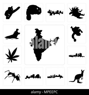 Set di 13 semplici icone modificabili quali India, canguro delineano su sfondo bianco, Arkansas, Louisiana ant, Haiti, foglia di marijuana, gesso può essere utilizzato Illustrazione Vettoriale