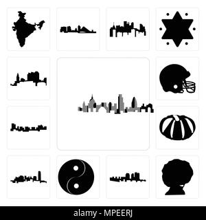 Set di 13 semplici icone modificabile come lo skyline di Londra, afro, Haiti, yin yang, Oklahoma, zucca, Giamaica, casco da football americano, Ohio può essere usata per mobil Illustrazione Vettoriale