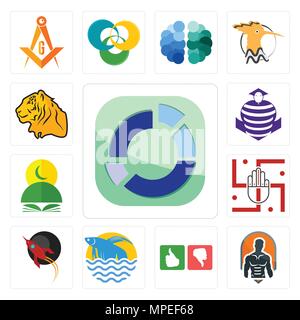 Set di 13 semplici icone modificabile come settore, fitness, bene male, betta pesce, rucola, jain corano, viola cobras, Tiger può essere utilizzato per il mobile, web U Illustrazione Vettoriale