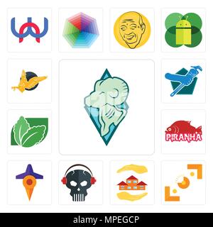 Set di 13 semplici icone modificabili quali RAM, mirino, agente immobiliare, cranio con cuffie, viaggi, piranha, stevia, idraulico, gryphon può essere usata per mob Illustrazione Vettoriale