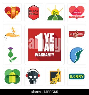Set di 13 semplici icone modificabile come garanzia di 1 anno, siamo spiacenti, LION CUB, cranio con cuffie, mobile os a, trading co, cardo, steakhouse, elettrico Illustrazione Vettoriale