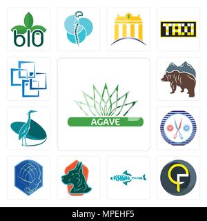 Set di 13 semplici icone modificabili quali agave, Qf, pesca team, alano, Atlas, parrucchiere unisex, heron, libero di orso, blockchain può essere utilizzato per il mobile, Illustrazione Vettoriale