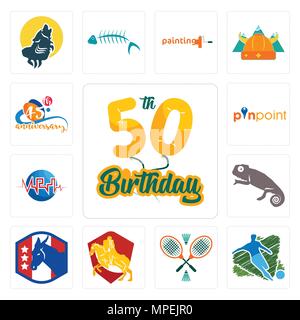 Set di 13 semplici icone modificabili come il cinquantesimo compleanno, calcio, badminton, cavaliere a cavallo, partito democratico, chameleon, med, individuare, 45th annivers Illustrazione Vettoriale