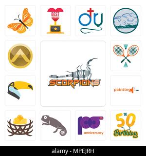 Set di 13 semplici icone modificabile come scorpioni, cinquantesimo compleanno, centenario, chameleon, bird nest, società di verniciatura, toucan, badminton, sparta Illustrazione Vettoriale