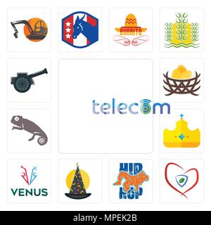 Set di 13 semplici icone modificabile come telecom, assicurazione, hip hop, wizard hat, Venere, royal, chameleon, bird nest, cannone può essere usato per il mobile, abbiamo Illustrazione Vettoriale