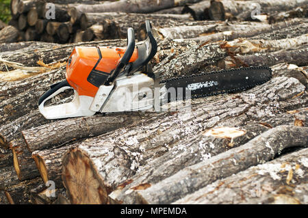 Alimentato a benzina chainsaw sulla pila di legno tagliato Foto Stock
