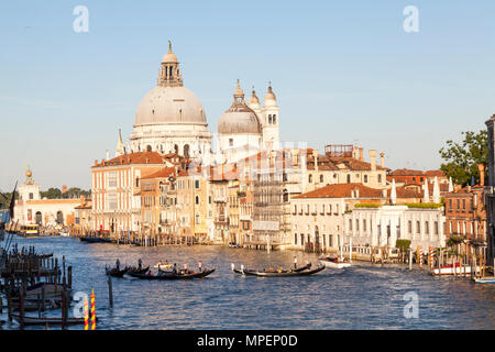 Grand Canal, Basilica di Santa Maria della Salute al tramonto, Dorsoduro, Venezia, Veneto, Italia con gondole e gondolieri con turisti Foto Stock