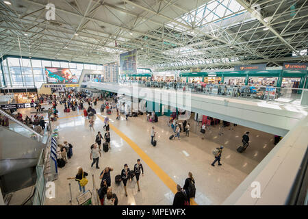 Aeroporto di Roma Fiumicino, scena in interni i passeggeri a piedi, panoramica vista hi. Foto Stock