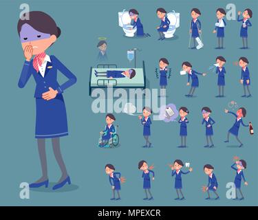 Set di pose diverse di tipo piatto Cabin attendant donna blu malattia Illustrazione Vettoriale