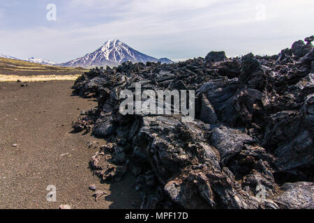 Vista sul vulcano da sabbia nera vulcanica e lava fredda con alcuni vegetazione Foto Stock