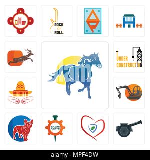Set di 13 semplici icone modificabile come mascotte di mustang, cannone, assicurazione, pezzi di ricambio, bulldog francese, escavatore, burrito, in costruzione, antilopi Illustrazione Vettoriale