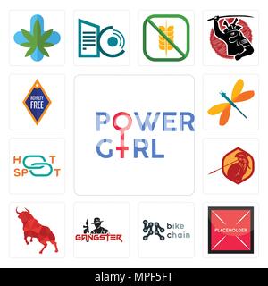 Set di 13 semplici icone modificabile come girl power, segnaposto, catena di bicicletta, gangster, Bull, sparta, hotspot dragonfly, può essere usato per il mobile, web U Illustrazione Vettoriale