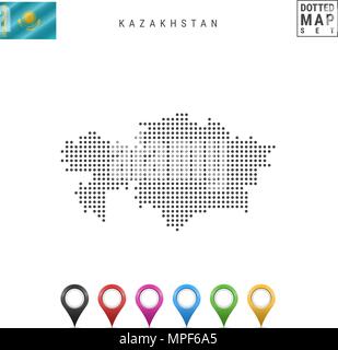 Vettore Mappa tratteggiata del Kazakistan. Semplice Silhouette del Kazakistan. Bandiera nazionale del Kazakistan. Variopinto i marcatori mappa Illustrazione Vettoriale