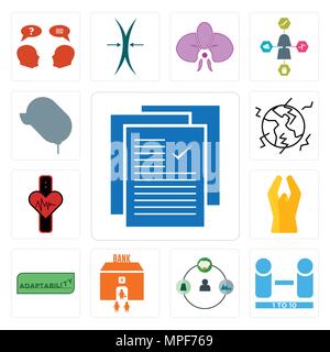 Set di 13 semplici icone modificabile come specifica, numero di giocatori, pastore, filiale di banca, adattabilità, mani piegate, tracker, terremoto, auto Illustrazione Vettoriale
