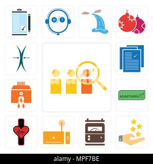 Set di 13 semplici icone modificabile come advisor, esperienza del cliente, contatore di energia elettrica, un set top box, tracker, adattabilità, filiale di banca, specifica Illustrazione Vettoriale