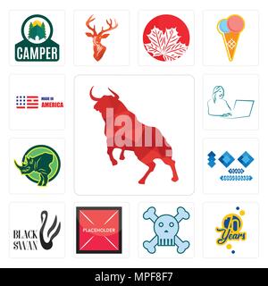 Set di 13 semplici icone modificabili quali bull, 70 anni, Teschio e Ossa Croce, segnaposto, Black Swan, 100° anniversario, Rhino, segretario, realizzata in Illustrazione Vettoriale