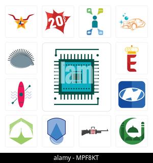 Set di sem, masjid, gun shop, impermeabile, marquee, h, kayak, e corona, icone hedgehog Illustrazione Vettoriale