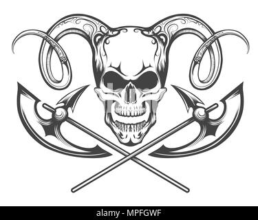 Cranio umano con Ram corna e assi di battaglia. Illustrazione Vettoriale disegnato in stile tatuaggio. Illustrazione Vettoriale