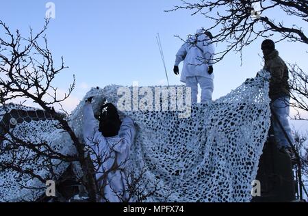 Paracadutisti da Bravo truppa, 1° Stormo, 91º reggimento di cavalleria, 173rd Airborne Brigade nascondere la loro posizione da drappeggio camuffamento invernale sui loro Bandvagn 206 veicoli cingolati nel duro inverno terreno della Norvegia settentrionale durante l'esercizio comune della Viking 17. Comune di Viking 17 un esercizio combinato a nord del Circolo Polare Artico che prove paracadutisti' capacità di ricognizione e letalità in climi molto freddi ambienti. Il 173rd Brigata Aerea, con sede in Vicenza, Italia è la U.S. Esercito di risposta di emergenza forza in Europa, in grado di proiettare le forze per condurre la gamma completa di Foto Stock