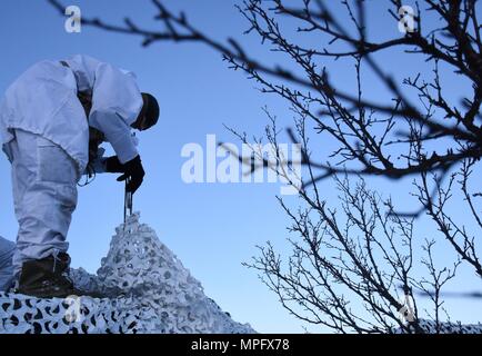 Un U.S. Paracadutista esercito da Bravo truppa, 1° Stormo, 91º reggimento di cavalleria, 173rd Airborne Brigade impostare le antenne dopo il drappeggio camuffamento invernale sui loro Bandvagn 206 veicoli cingolati nel duro inverno terreno della Norvegia settentrionale durante l'esercizio comune della Viking 17. Comune di Viking 17 è un esercizio combinato a nord del Circolo Polare Artico che prove paracadutisti' capacità di ricognizione e letalità in climi molto freddi ambienti. Il 173rd Brigata Aerea, con sede in Vicenza, Italia è la U.S. Esercito di risposta di emergenza forza in Europa, in grado di proiettare le forze per condurre la piena Foto Stock