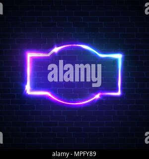 Discoteca visualizza pubblicità segnaletica stradale con incandescente sulla texture di mattoni. Night club neon di segno su un muro di mattoni dello sfondo. Fustellato 3d telaio retrò con brillanti luci al neon. Colore illustrazione vettoriale in stile 80 Illustrazione Vettoriale