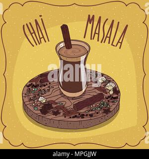 Piatti tradizionali della cucina indiana, Masala chai come spezie miste tè, con miscela di indiani aromatiche spezie ed erbe aromatiche, sul piatto di legno. Disegnata a mano co Illustrazione Vettoriale