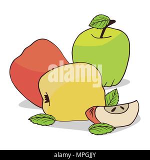Isolare colorful ripe apple frutto su sfondo bianco. Close up clipart con ombra in flat realistici in stile cartone animato. Disegnata a mano icona Illustrazione Vettoriale