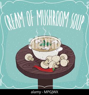 Piatto fondo con hot Mushroom cream soup sul round tavolo di legno fresco con funghi champignon. Realistico disegnare a mano stile. Lettering Crema di funghi Illustrazione Vettoriale