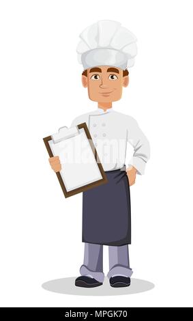 Bello baker in professional uniforme e lo chef hat holding negli appunti. Allegro personaggio dei fumetti. Illustrazione Vettoriale su sfondo bianco. Illustrazione Vettoriale