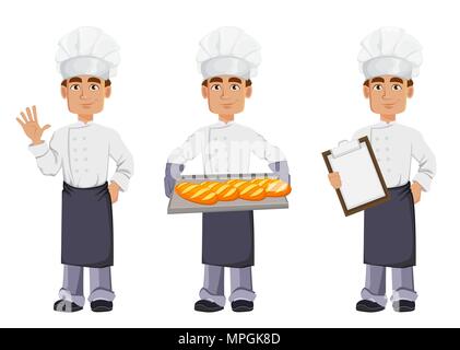 Bello baker in professional uniforme e lo chef hat, set di tre pose. Allegro personaggio dei fumetti agitando la mano, tenendo pani sul vassoio e tenendo cl Illustrazione Vettoriale