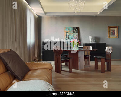 Scatti di interni di un moderno soggiorno in primo piano il tavolo da pranzo in legno il pavimento è in legno Foto Stock