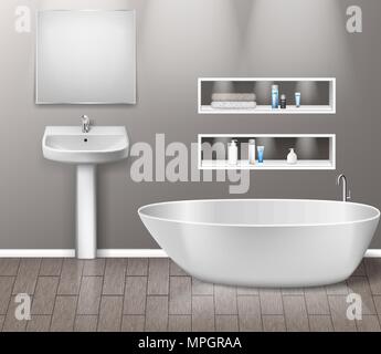 Realistico arredo bagno interno con una moderna stanza da bagno lavandino e specchio, scaffali, vasca da bagno e gli elementi di decorazione su parete grigia con pavimento in legno. illustrazione vettoriale Illustrazione Vettoriale